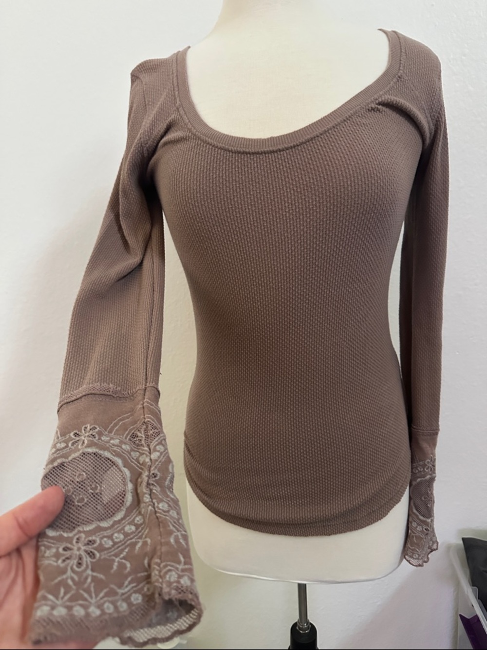 Free People Brown Waffle Knit Scoop Neck Long Sleeve Top with Lace Bell Cuffs